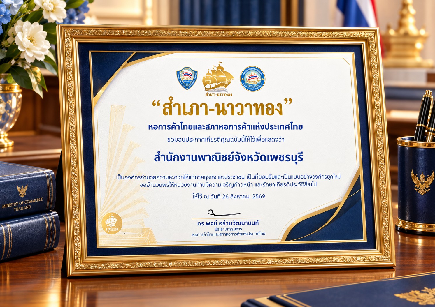 สำนักงานพาณิชย์จังหวัดเพชรบุรี ได้รับประกาศเกียรติคุณ รางวัล “สำเภา-นาวาทอง” ประจำปี 2569จากหอการค้าไทยและสภาหอการค้าแห่งประเทศไทย 